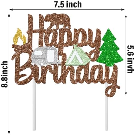 Camping Birthday Cake Topper Happy Camper Cake Decorations Bear Woodland Tent Themed Birthday Decorations Glitter Lumberjack Cake Picks for Outdoor Adventure Baby Shower Wild Party Supplies