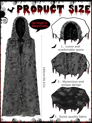 Fourluoo Halloween Tattered Cloak Grim Reaper Hooded Cape Retro Medieval Ghost Black Cape for Adult Halloween Wizard Cosplay