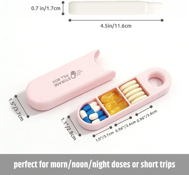 Slim Travel Pill Organizer, Small Daily Pill Case, Compact Portable Pill Holder, 3 Compartments Daily Vitamin Box (Pink)