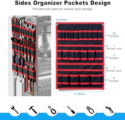 JUNNUJ Large Power Tool Organizer Cart with Charging Station, Garage Floor Standing Rolling Drill and Tools Battery Storage Cart on Wheels, Heavy Duty Utility Rack Shelf with 8 Outlet Power Strip, Red