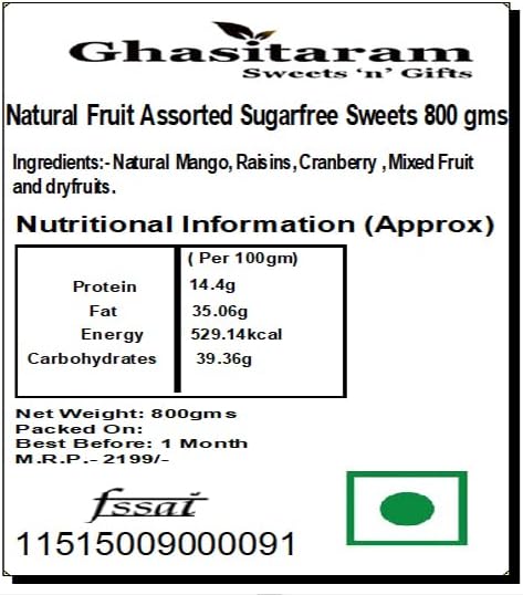 Ghasitaram Gifts Indian Sweets - Diwali Gifts Sugarfree Sweets - Natural Fruit Assorted Sugarfree Sweets 800 GMS