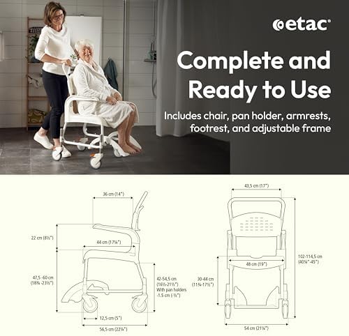 Etac Clean Rolling Shower Chair for Elderly and Disabled – Commode Chair Adjustable Height, Ergonomic, Removable Armrests, Footrest & Pan Holder – Slim Design Fits Through Doorways & Easy-to-Clean