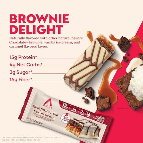 Atkins High Protein Bars, Brownie Delight Flavor, 15g of Protein, 4g Net Carbs, Keto Protein Bars, Low Sugar, 4 Count