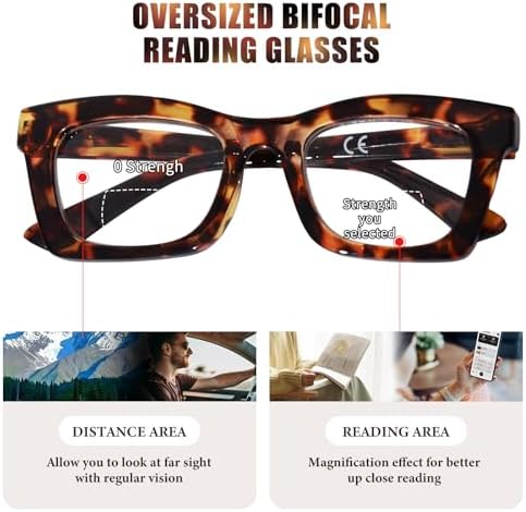 Bifocal Reading Glasses for Women Oversized Square Frame Clear Top Bifocal Readers for Women Blue Light Blocking Computer Readers with Spring Hinges (Brown Tortoise, 2.0)