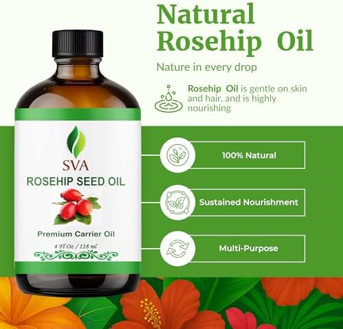 SVA Rosehip Seed Oil - 4 Fl Oz – 100% Natural & Cold Pressed - for Face, Skin Care, Hair Care, Scalp Massage & Body Massage – Carrier Oil with Dropper