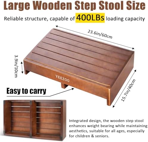 Wooden one Step Stool- Solid Pine Wood Step Riser with Non-Slip Pads, Wood Step Stool for Elderly Adults, high Bed, Bathroom, Kitchen (23.6" L*15.7" W*3.9" H, Brown, 400LBs Capacity)