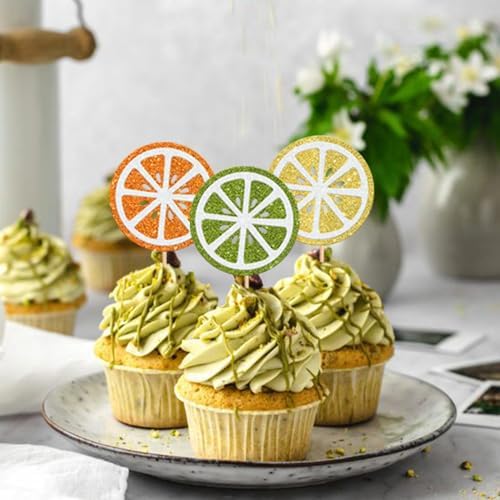 Rsstarxi 24 Pack Lemon Cupcake Toppers Lemon Party Decorations Glitter Summer Fruits Theme Lemonade Cupcake Picks for Baby Shower Boy Girl Birthday Party Cake Decorations Multi