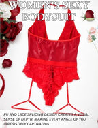Women Leather Halter Bodysuit Lace One Piece Lingerie V Neck Zipper S-XXL