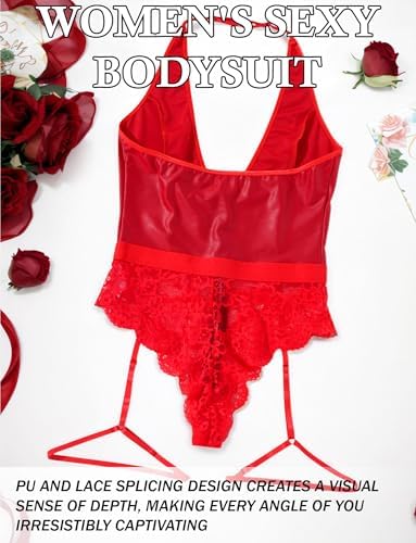 Women Leather Halter Bodysuit Lace One Piece Lingerie V Neck Zipper S-XXL
