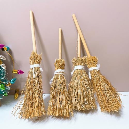 Miniature Artificial Mini Straw Brooms with Ropes Halloween Broom Dollhouse Straw Craft Decoration Witches Accessory (White)