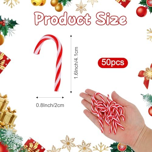 Candy Cane Christmas Decorations, 50Pcs Mini Fake Peppermint Candy Cane Ornaments for Christmas Tree, Red and White Plastic Hanging Canes Ornament Vase Filler for Xmas Home Crafts Party Decor Supplies