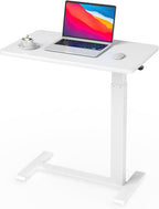 Ywin Medical Adjustable Overbed Bedside Table with Wheels, Rolling Standing Desk, Pneumatic Small Side Bed Table with Tray for Couch, Hospital, Home,Office Use (White)