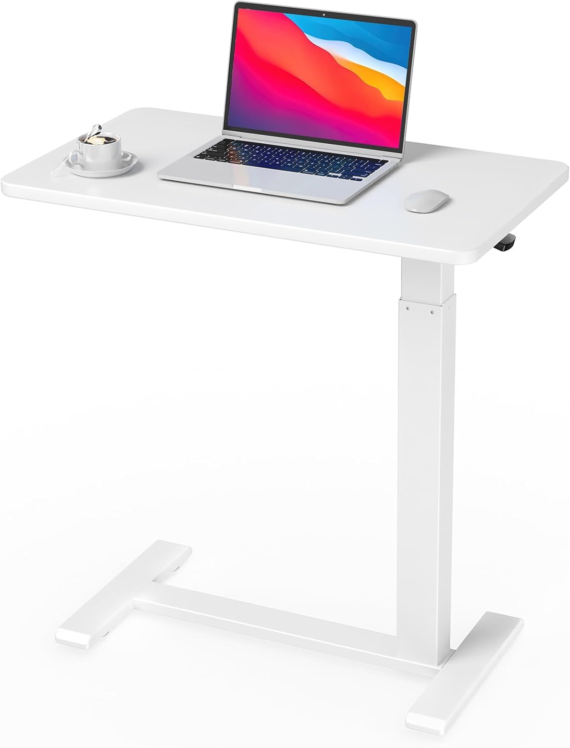 Ywin Medical Adjustable Overbed Bedside Table with Wheels, Rolling Standing Desk, Pneumatic Small Side Bed Table with Tray for Couch, Hospital, Home,Office Use (White)
