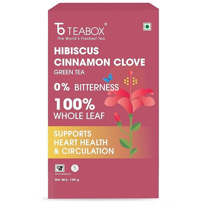 Teabox Premium Green Tea With Dried Hibiscus | 100% Whole Leaf Green Tea With Cinnamon,Clove | 0% Bitterness |3.52 oz
