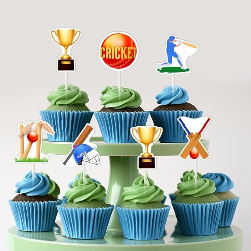 24Pcs Cricket Cupcake Toppers Cricket Theme Party Decorations Sports Ball Cricket Cupcake Picks Double Sided Printing Cake Decorations for Baby Shower Boys Girls Birthday Party Supplies