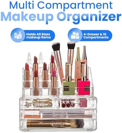 Masirs Clear Makeup Organizer - 16-Compartment Cosmetic and Jewelry Holder with 4 Drawers - Vanity Storage Box for Makeup, Skincare, Accessories, and Jewelry Display