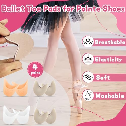 4 Pairs Toe Pads for Pointe Shoes(2 Pairs Cotton Pointe Shoe Toe Pads & 2 Pairs Silicone Gel Pads Pointe Shoes Protectors), Ballet Dance Toe Pad, High Heels Toe Caps, for Foot Metatarsal Protection