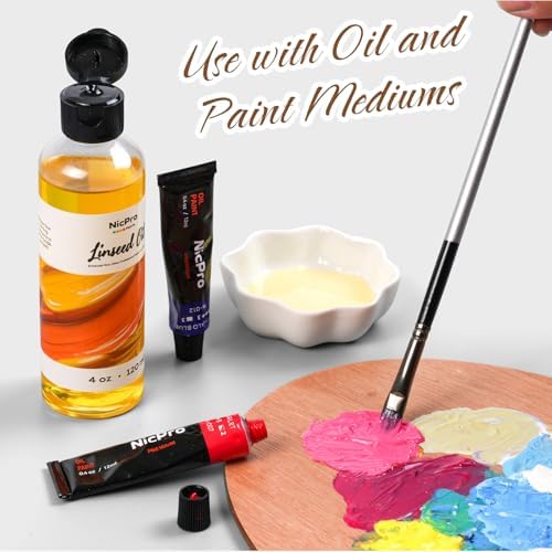 Nicpro Linseed Oil for Painting, 120ml (4oz) Refined Linseed Oil Medium for Thinning Oils, Artists, Painting Thinner, Professionals to Enhance Flow, Translucency & Gloss