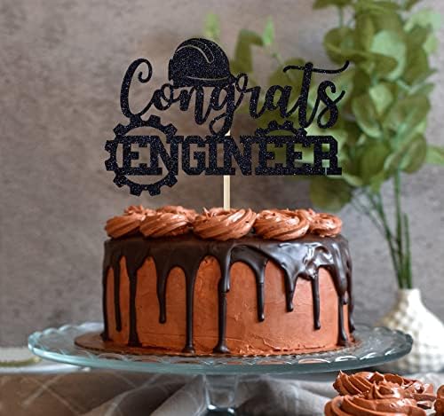 Congrats Engineer Cake Topper, Future Engineer Decor, Class of 2026 Engineer Graduation Party Decoration Supplies Black Glitter