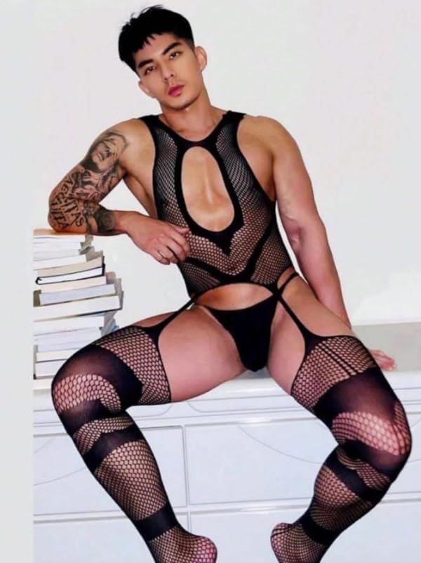 Men's Sexy Lingerie, Fishnet Bodysuit with Cut-Outs, Hollow Design, Black Lace Feminine Underwear