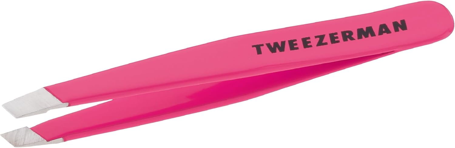 Tweezerman Mini Slant Tweezer - Tweezers for Eyebrows, Travel Tweezers for Eyebrows, Facial Hair (Neon Pink)