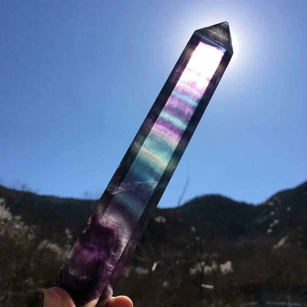 Decorative Ornaments Rainbow Fluorite Column Standing Purple Crystal Faceted Prism Wand Carved Stone Statue Ornament (Size : 7-8cm)