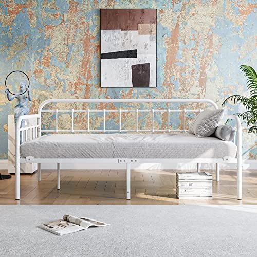 JURMERRY Metal Daybed Frame Twin Size with Steel Slats Platform Furniture, White…