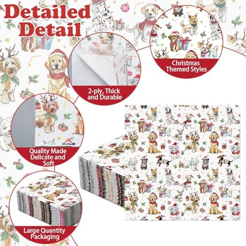 Glenmal 50 Pcs Holiday Pet Napkins Disposable Christmas Decoupage Napkin Pack 5" x 5" Christmas Dog Cocktail Napkins for Xmas Themed Party Holiday Gifts