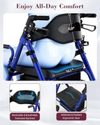 Walkers for Seniors with Seat, Extra Wide 2 in 1 Rollator Walker & Transport Chair with Reversible Backrest & Detachable Footrests, Foldable Wheelchair Combo with 8" Anti-Slip PU Wheels, Blue