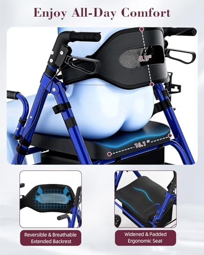 Walkers for Seniors with Seat, Extra Wide 2 in 1 Rollator Walker & Transport Chair with Reversible Backrest & Detachable Footrests, Foldable Wheelchair Combo with 8" Anti-Slip PU Wheels, Blue
