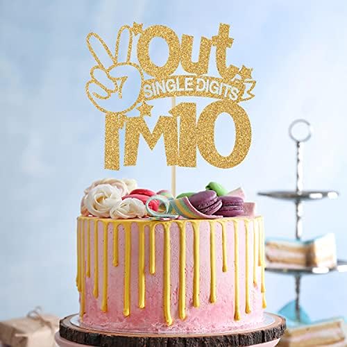 Out Single Digits I'm 10 Cake Topper, Double Digits 10, for Boys Girls 10th Birthday Decorations, Happy 10th Bithday Decorations Gold Glitter