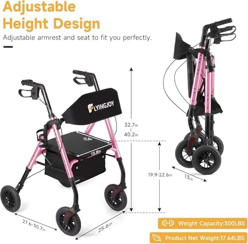 Lightweight Rollator Walker with Seat & Backrest - Foldable Mobility Aid for Seniors, 8" Large Airless Tires, Adjustable Height,Brake,Storage Bag,300 lbs Capacity,4 Wheel Rolling Walkers for Adults