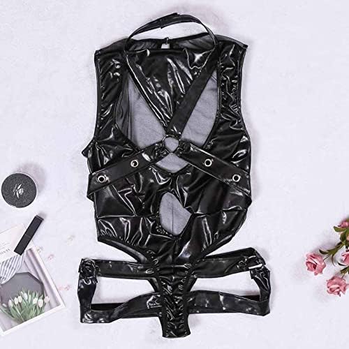 Mzkdieey Women Sexy Leather Lingerie Bodysuits Leotard Halter Harness Cut Out Teddy Babydoll One Piece Jumpsuit Pajamas