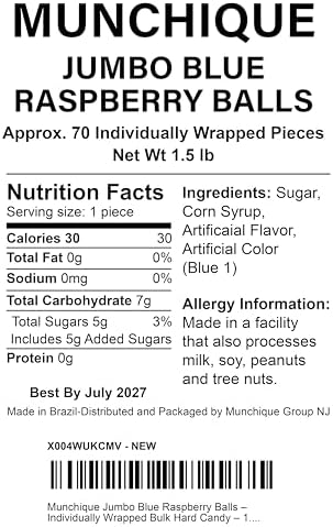 Munchique Jumbo Blue Raspberry Balls – Individually Wrapped Bulk Hard Candy – 1.5 lb Bag (Approx. 70 Pieces) – Bright Blue Candy Jar Filler & Stocking Stuffers