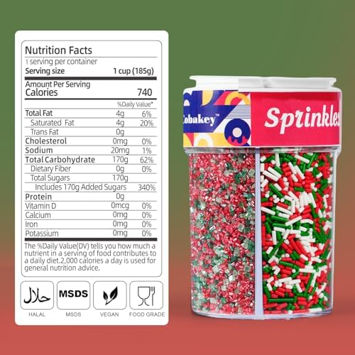 Christmas Sprinkles Mix 4 Cell Holiday Assortment 6.5 oz Edible Red Green White Jimmies, Nonpareils, Christmas Tree Confetti & Sanding Sugar for Cakes Decorating Xmas Cookies, Cupcakes & Holiday Desserts