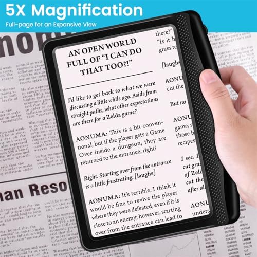 Rechargeable 5X Magnifying Glass for Reading, Large Bright Full Page Magnifier with Light, Handheld LED Dimmable Lighted, Lightweight Book Magnifier for Reading Small Prints Seniors Low Vision