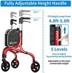 Planetwalk Premium 3 Wheel Rollator Walker for Seniors - Ultra Lightweight Foldable Walker for Elderly, Aluminum Three Wheel Mobility Aid, Brilliant Red