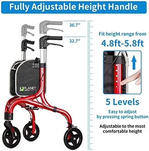 Planetwalk Premium 3 Wheel Rollator Walker for Seniors - Ultra Lightweight Foldable Walker for Elderly, Aluminum Three Wheel Mobility Aid, Brilliant Red
