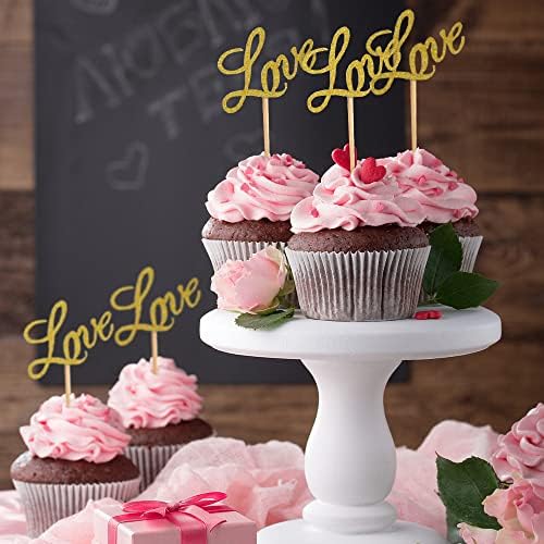 Love Cupcake Toppers, 48Pcs Gold Glitter Dessert Food Cake Picks for Baby Shower Wedding Engagement Bridal Birthday Party Supplies