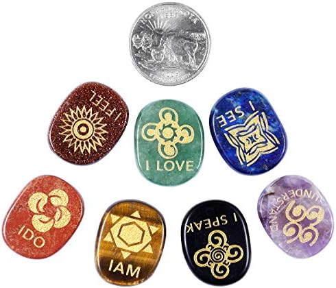 mookaitedecor 7 Piece Chakra Stones Engraved English Symbols Polished Palm Stones for Reiki Crystal Healing