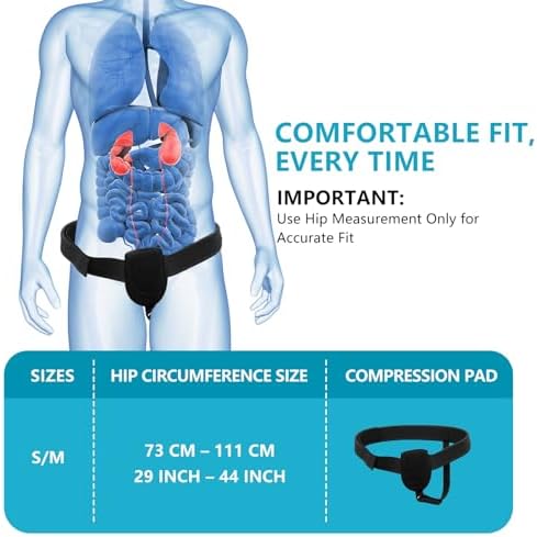 Hernia Belts for Men - Inguinal Hernia Support Truss with Removable Compression Pads - Adjustable Groin Strap for Left or Right Side - Post Surgery Pain Relief Guard, S/M