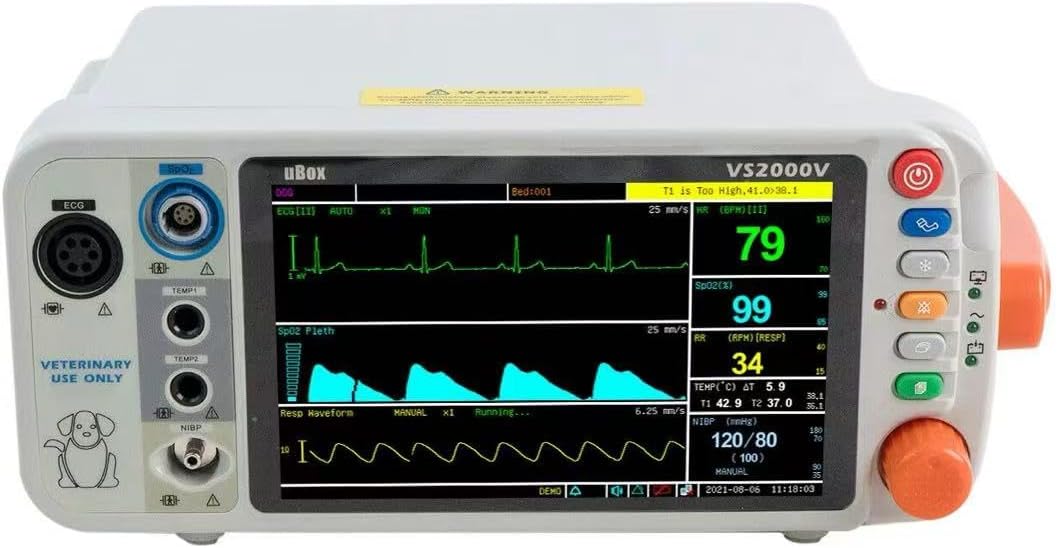 VS2000V 7 inch Veterinary Vital Signs Monitor with The parameters of SPO2, NIBP, ECG, Temp, PR and RESP (VS2000VC with Capnography ETCO2)