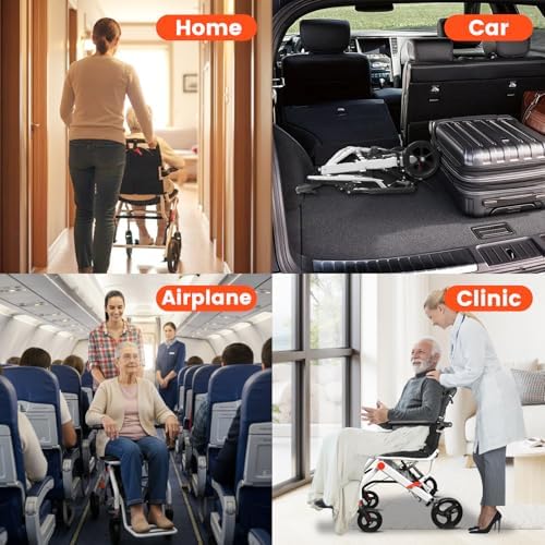 Wheelchairs for Adults, Foldable Wheelchair Lightweight Aluminum Frame with Handbrakes & Telescopic Handle, Portable Travel Chair for Seniors, No Installation, White