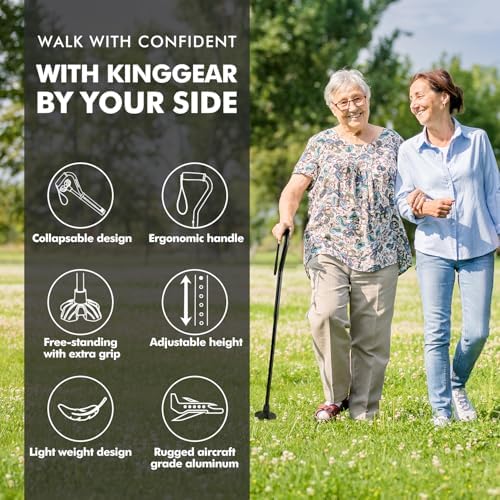 KINGGEAR F1 Walking Stick, Walking Cane for Women & Men with Wrist Strap, Lightweight & Sturdy Offset EVA Handle, Large Quad Base, Self Standing for Seniors and People with Injuries & Recovery