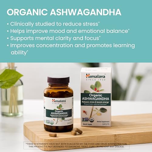 Himalaya Organic Ashwagandha Root, 30 Day Supply - Herbal Adrenal Support Supplements for Stress Relief and Energy Support - USDA Organic, Non-GMO, Vegan, Gluten Free, No Additives, 670 mg, 30 Caplets