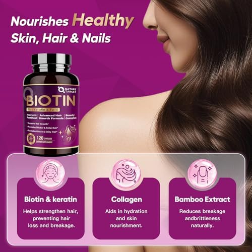 NATURE TARGET Biotin 10000mcg Hair Growth Vitamins – Maximum Strength Hair Growth Supplement with Collagen, Keratin, Fo-Ti, MSM, Zinc & B Vitamins for Thicker, Stronger Hair, Skin & Nails
