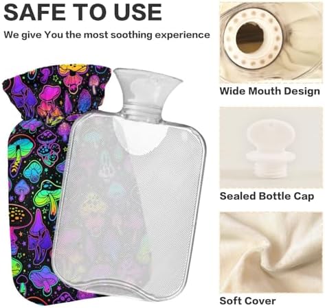 Neon Color Hippie Mushroom Hot Water Bottle with Cover, 2Liter Soft Velvet Winter Warm Water Bag for Neck and Shoulder Pain Relief Period Cramps Bed Hand Feet Warmer