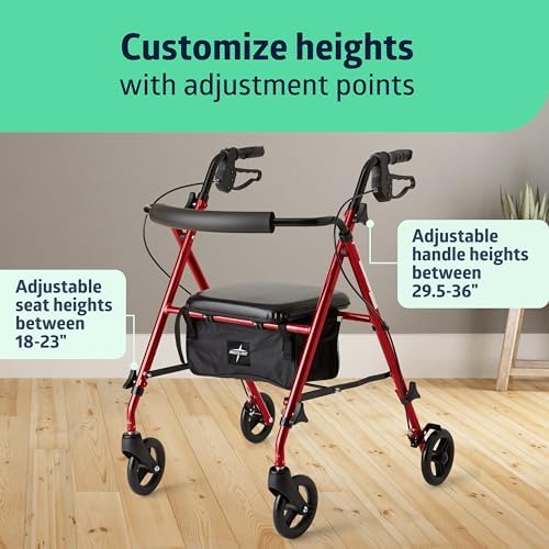 Medline Superlight Folding Aluminum Mobility Rollator Walker, Red, 250 lb. Weight Capacity, 6" Wheels, Adjustable Arms and Seat, Foldable Rolling Walker for Seniors
