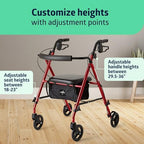 Medline Superlight Folding Aluminum Mobility Rollator Walker, Red, 250 lb. Weight Capacity, 6" Wheels, Adjustable Arms and Seat, Foldable Rolling Walker for Seniors