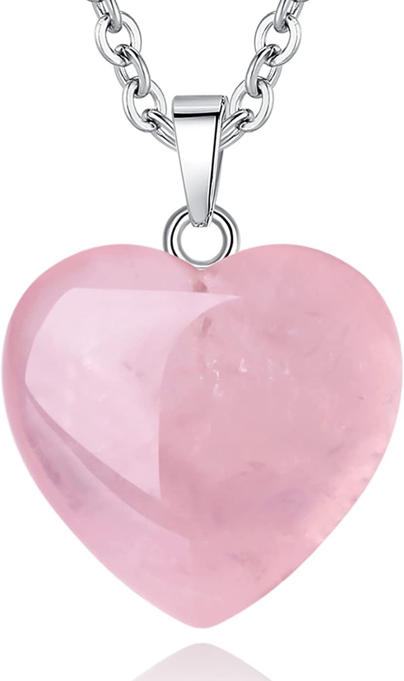 QINJIEJIE Rose Quartz Necklace Healing Crystal Necklaces Heart Love Real Crystals Reiki Energy for Women Mothers Day Gift Christmas Stocking Stuffers for Women